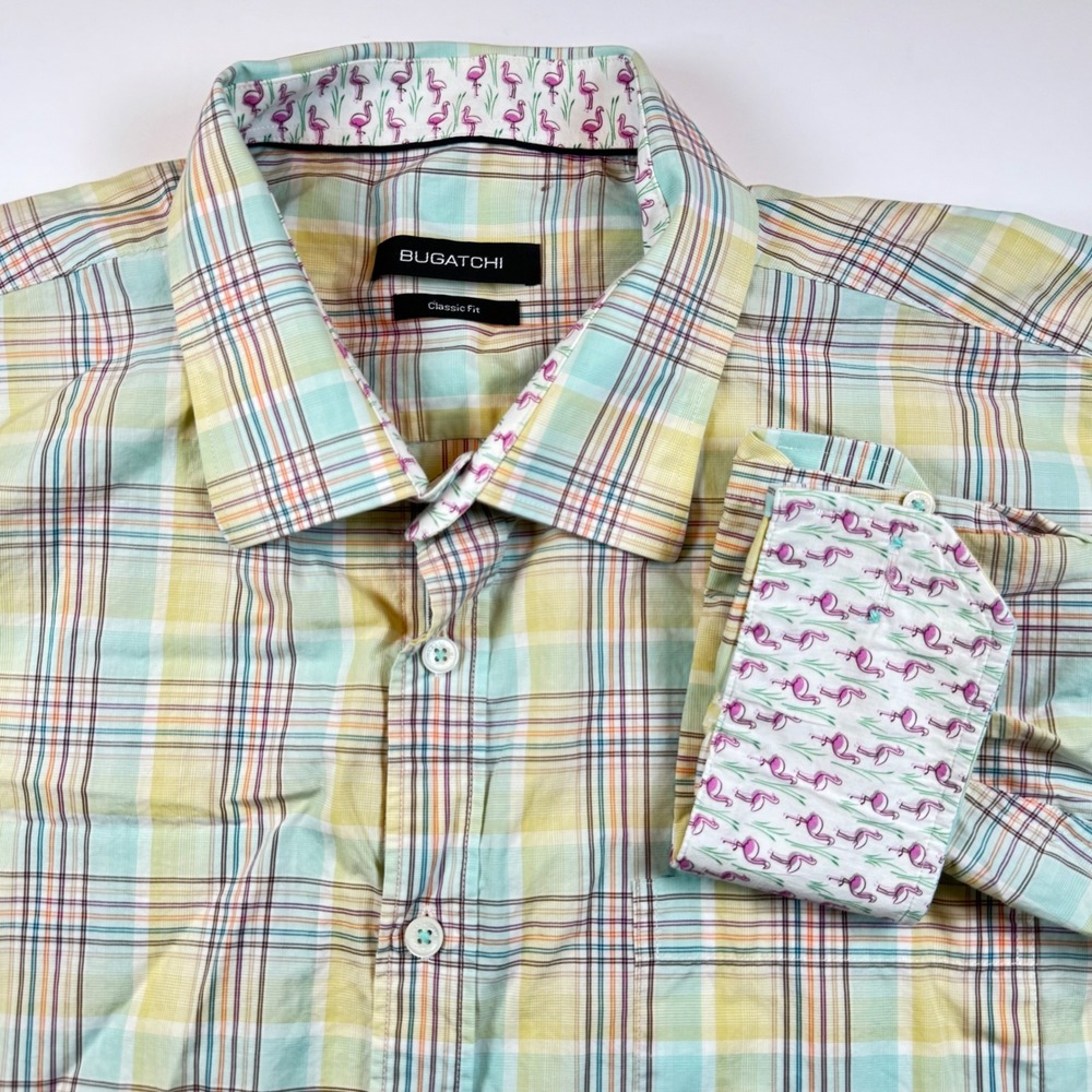 Bugatchi Classic Fit Plaid Button Down Shirt Yellow Teal Flamingo Accent Mens XL